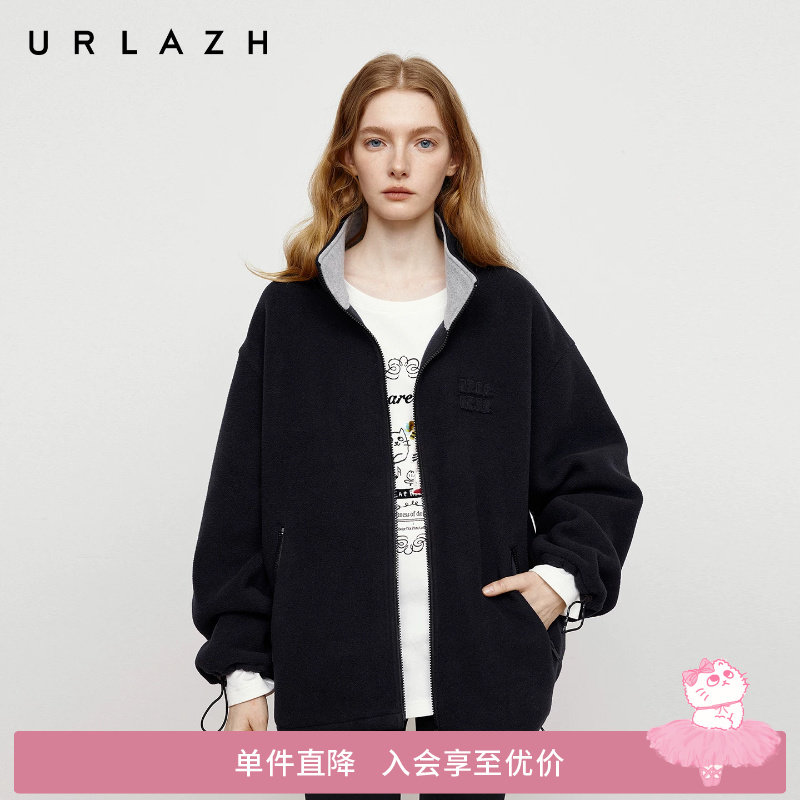 URLAZH有兰秋季新款黑藏青小立领落肩休闲宽松双面摇粒绒夹克外套