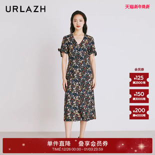 短袖 URLAZH有兰夏季 气质温柔碎花修身 复古黑色茶歇法式 连衣裙 新款