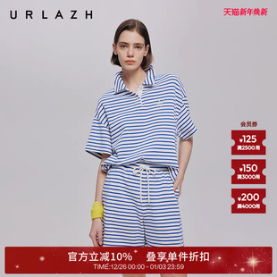 T恤女 潮流波士顿主题蓝白条纹polo领休闲短袖 URLAZH有兰秋季 新款