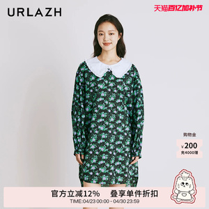 URLAZH有兰夏季新款复古法式黑色气质碎花纯棉娃娃领长袖连衣裙女
