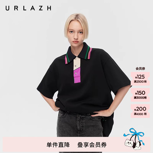 URLAZH有兰春季 美式 复古风黑色减龄polo领中袖 T恤宽松上衣女 新款
