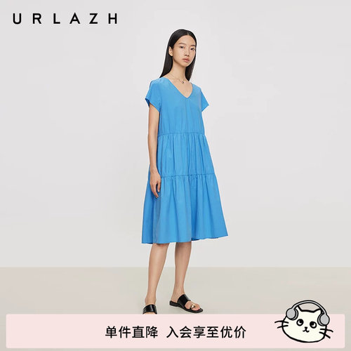有兰盛夏海盐V领短袖连衣裙