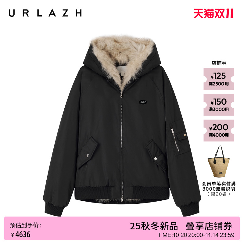 商场同款URLAZH有兰2025冬季新款复古飞行夹克狐狸大毛领棉服外套