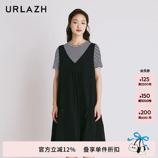 复古黑色休闲宽松两件套短袖 条纹气质连衣裙女 新款 URLAZH有兰夏季