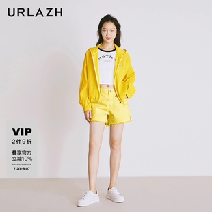 柠檬黄休闲宽松直筒高腰毛边牛仔短裤 时尚 女 新款 URLAZH有兰夏季