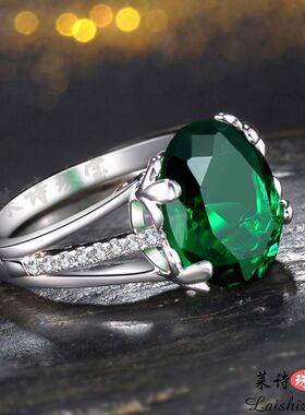 祖母绿戒指女日韩彩色宝石指环纯银镀18k金彩宝情侣对戒潮人饰品