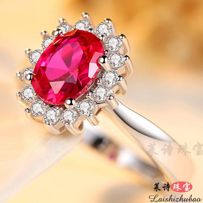 红宝石戒指女日韩彩宝指环纯银镀18k金情侣戒指潮人彩色宝石珠宝