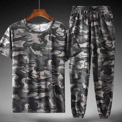 弹力迷彩服套装男夏季冰丝工作服短袖超薄休闲小脚裤宽松劳保工装