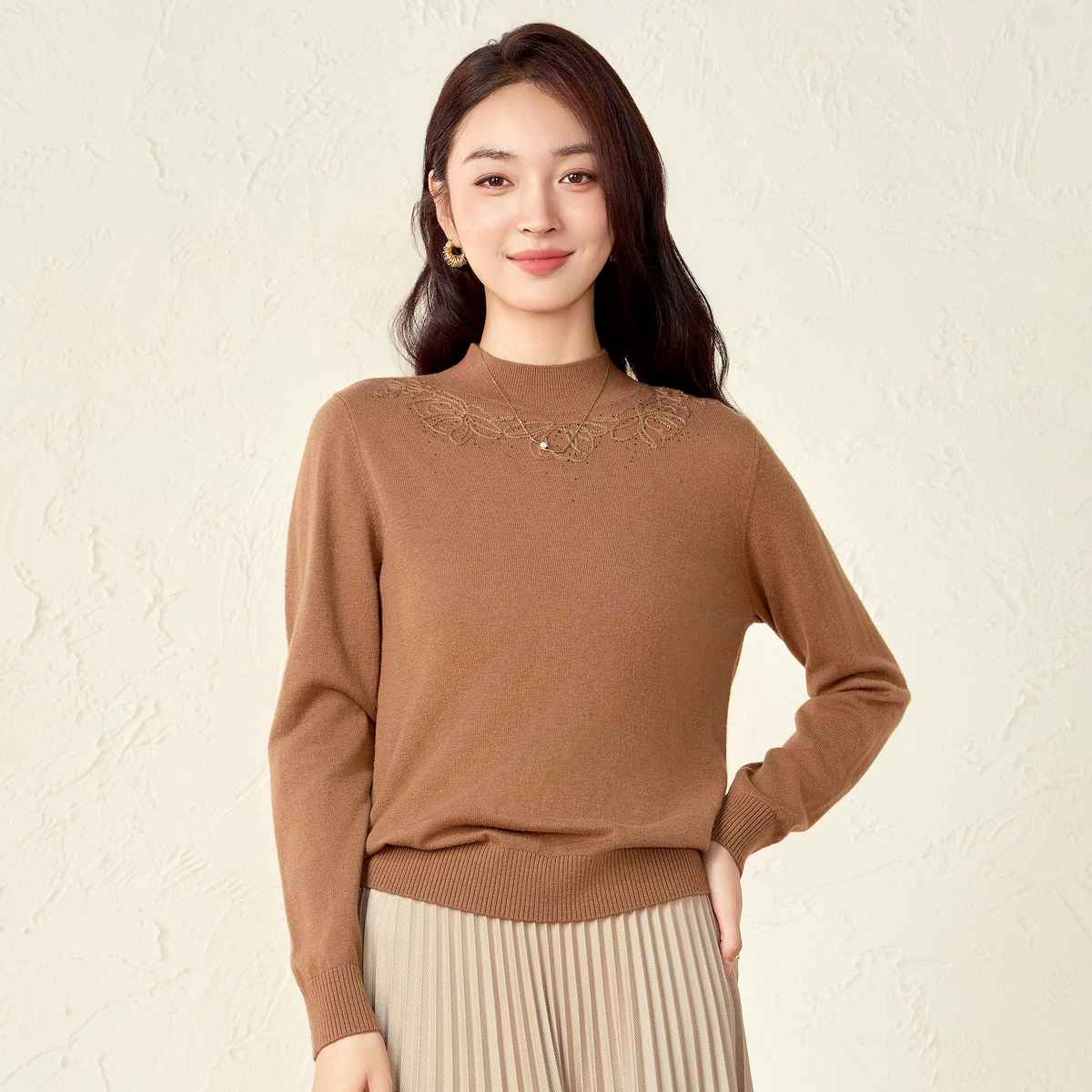 春竹半高领提花烫钻羊毛衫女25秋冬新款套衫长袖纯色针织毛衣上衣