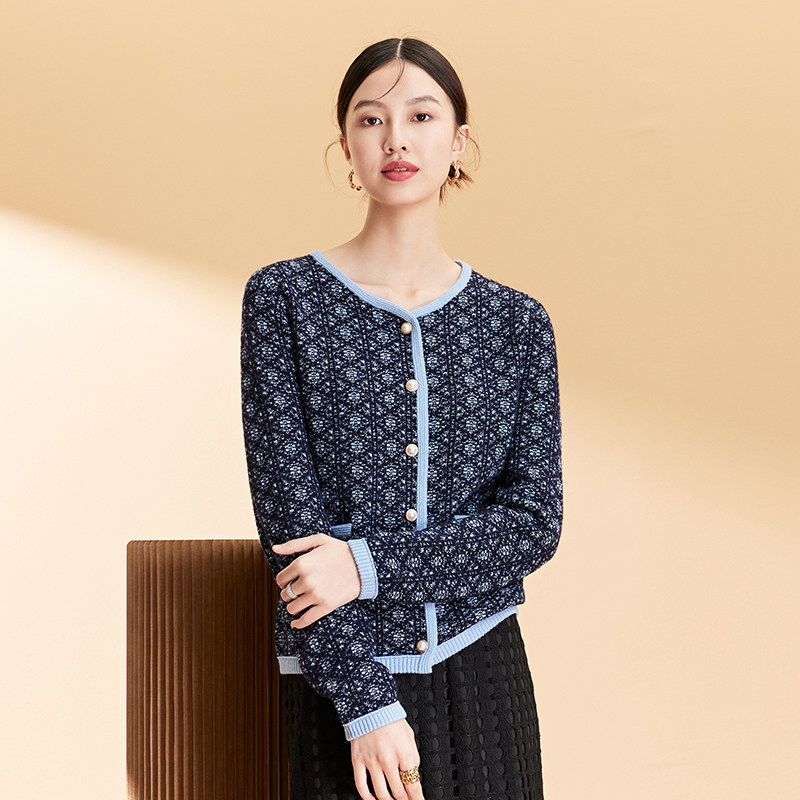春竹年秋季新款绵羊毛宽松气质显瘦圆领小香风开衫毛衣外套女