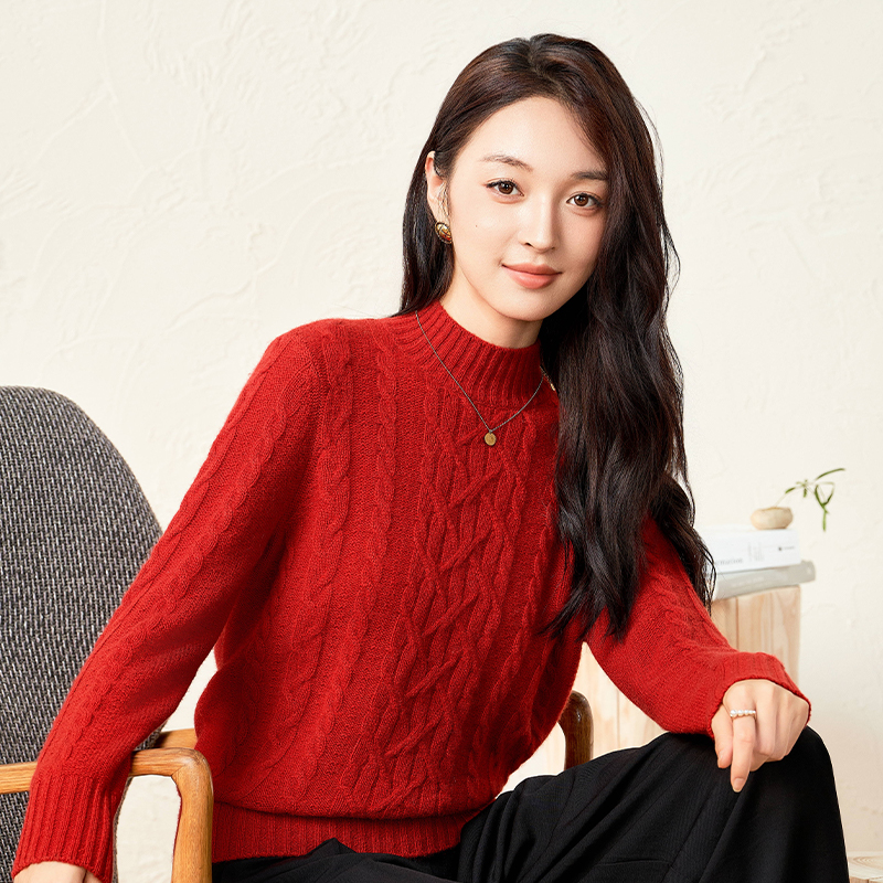 春竹复古绞花半高领羊绒套衫25秋新款新100%山羊绒宽松毛衣女上衣