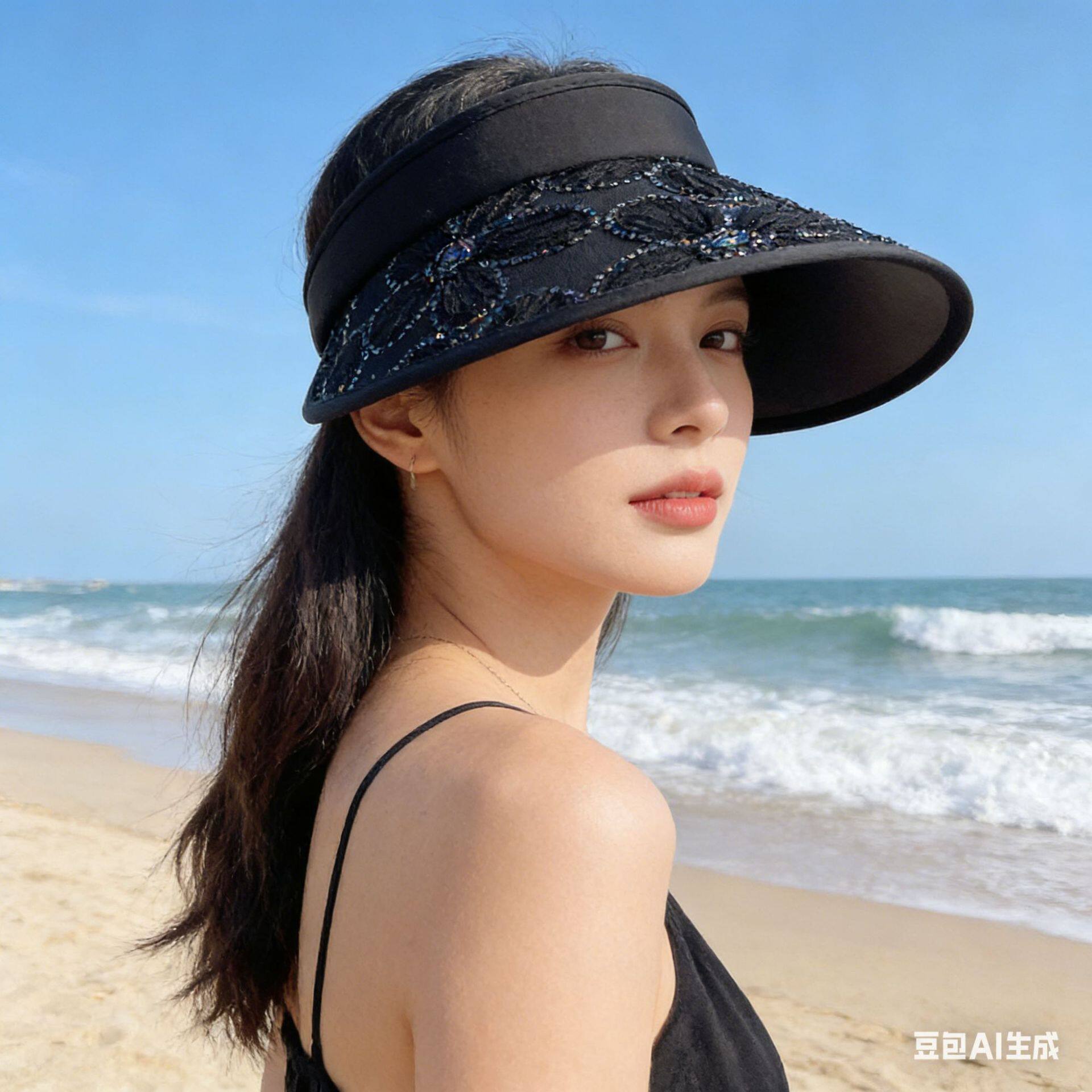 大帽檐花朵空顶遮阳帽子女夏季防紫外线防晒帽显脸小可折叠太阳帽