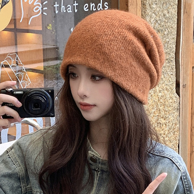 秋冬羊毛混纺针织帽子女时尚宽松堆堆帽大头围双层加厚保暖包头