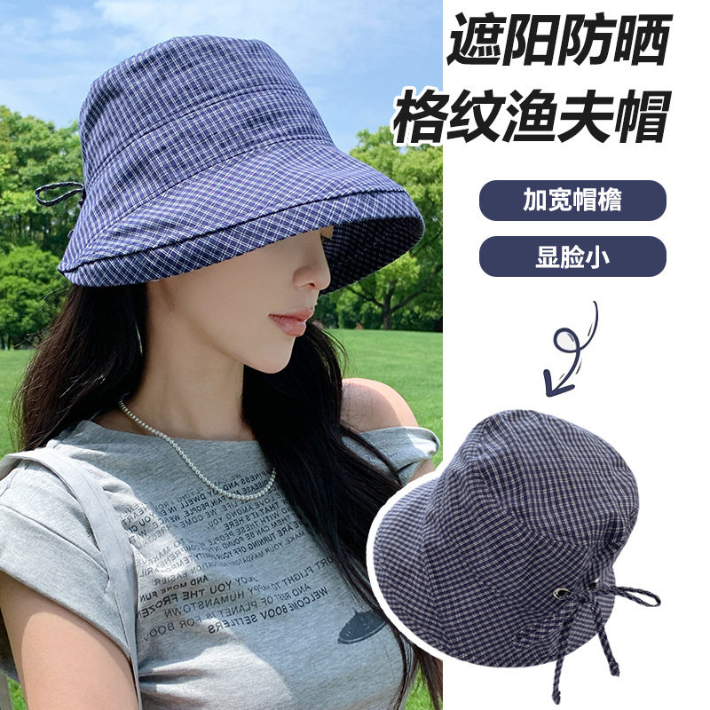 日系复古格纹防风渔夫帽子女夏季防晒大帽檐遮阳帽时尚显脸小盆帽