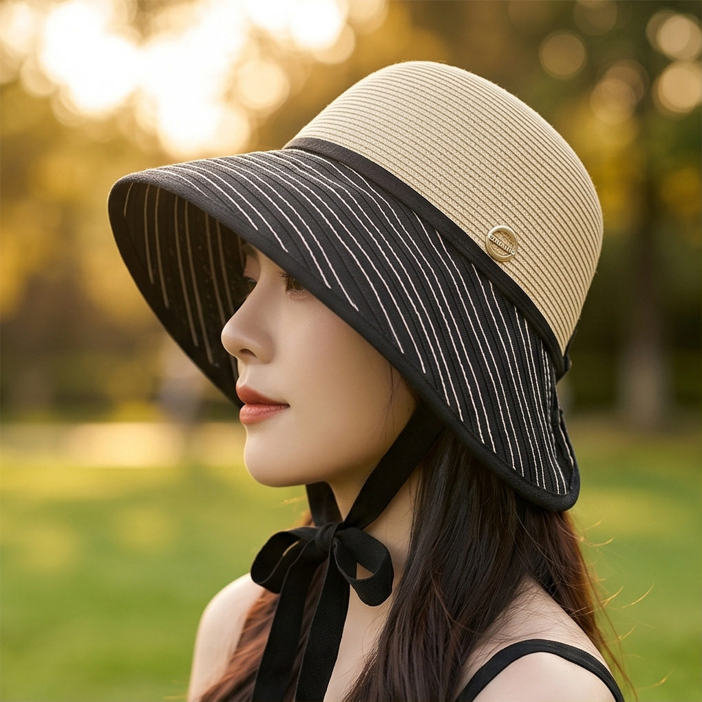 日系条纹大檐渔夫帽子女夏季防晒遮阳帽显脸小草编海边沙滩太阳帽