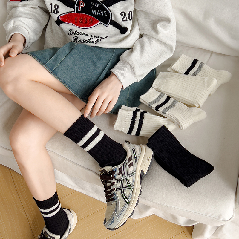 匹克企鹅秋冬款粗针线条纹运动百搭中筒女袜袜子女厚款学院风ins