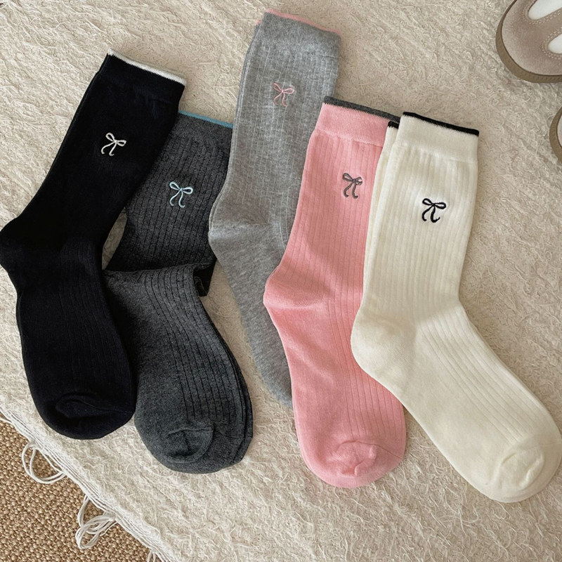 匹克企鹅秋新款袜子女中筒堆堆miu系芭蕾风蝴蝶结刺绣ins潮网红百