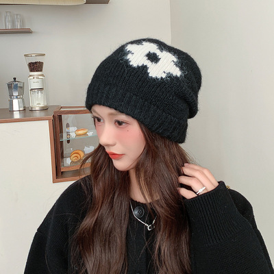 韩系可爱花朵针织帽子女秋冬季加厚保暖护耳毛线帽显脸小包头