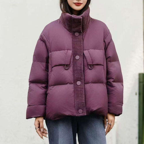 6696 2025冬国标白鸭绒拼接简约休闲短款羽绒服厚外套女