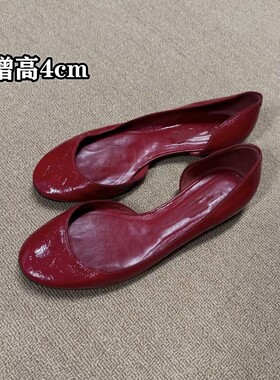 【软皮版】新款复古绝美红色浅口单鞋女内增高一脚蹬圆头平底凉鞋