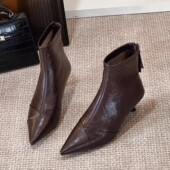 尖头细跟软皮拼接时装 靴欧美风短靴加绒气质简约切尔西靴2025冬季