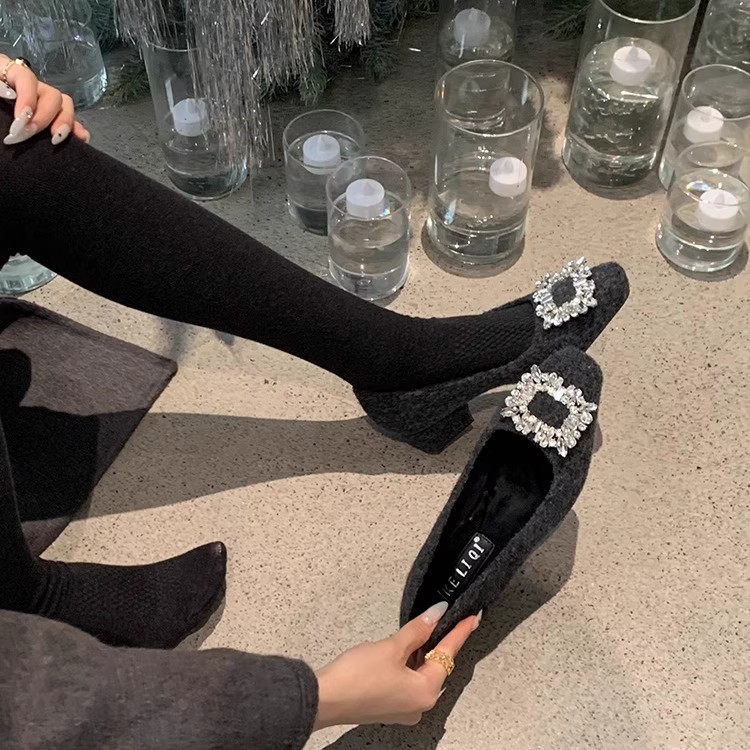 加绒浅口水钻单鞋灰色毛呢高跟鞋