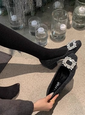 灰色毛呢高跟鞋气质法式配裙子温柔晚晚鞋冬季加绒浅口水钻单鞋女