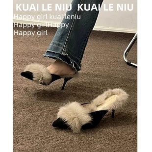 兔毛！毛毛高跟鞋女冬天细跟时尚加绒网红气质包头半拖鞋女外穿潮