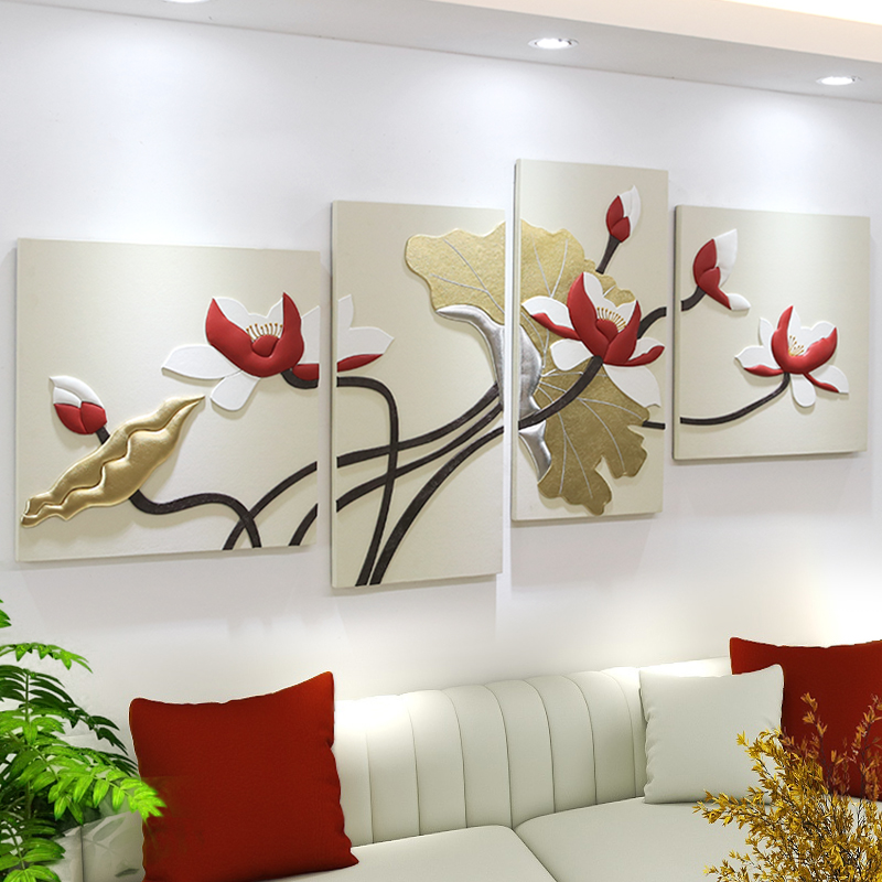 现代简约客厅沙发背景墙装饰画轻奢高档3D立体浮雕壁画荷花艺术画图片