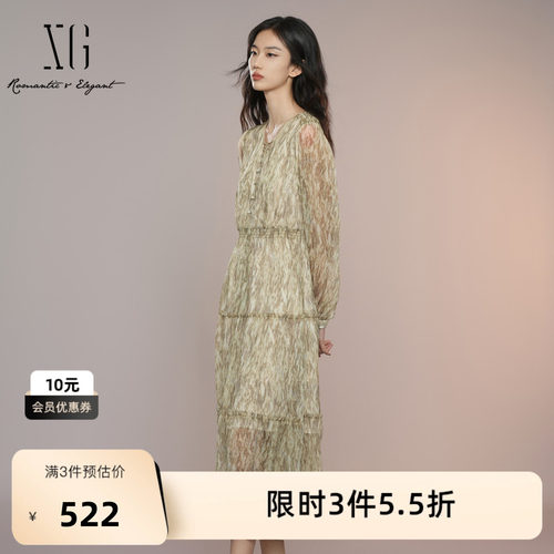 XG雪歌字母印花系带领连衣裙2025秋季新款微透碎花长袖中长裙女装