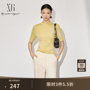 XG雪歌螺纹设计黄色毛针织衫2025秋季新款短袖修身打底套头毛衫女