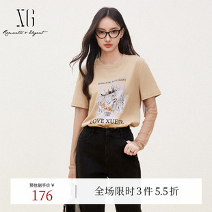 假两件拼接休闲上衣女装 XG雪歌复古驼色纯棉长袖 新款 T恤时尚 秋季