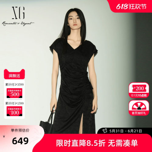 【单件立减】XG雪歌黑色暗纹V领无袖连衣裙2026夏季新款 收腰裙女
