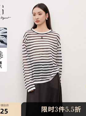 XG雪歌条纹设计长袖毛针织衫2025春季新款宽松薄款套头圆领毛衫女