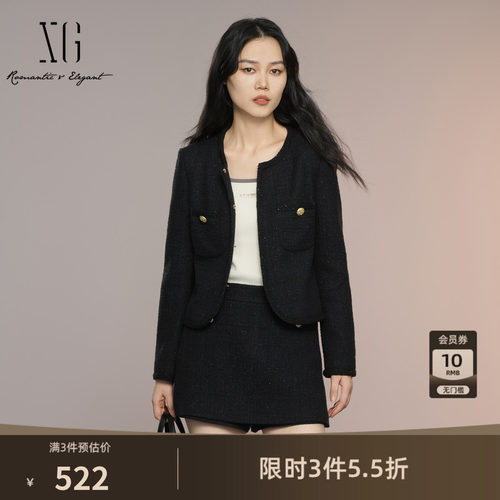 XG雪歌小香风黑色长袖短外套2025秋季新款通勤简约圆领短款外套女