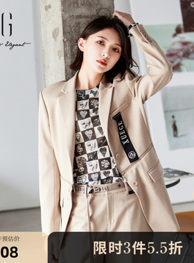 XG雪歌卡其羊毛混纺休闲西装2025春季新款字母印花通勤长袖外套女
