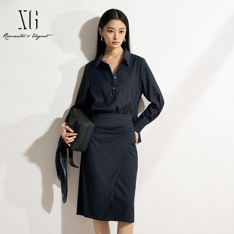 XG雪歌藏青色抽褶设计连衣裙2025春季新款假两件高腰长袖衬衫裙女,女装/女士精品,连衣裙,淘宝优惠券,粉丝福利购,淘宝优惠卷