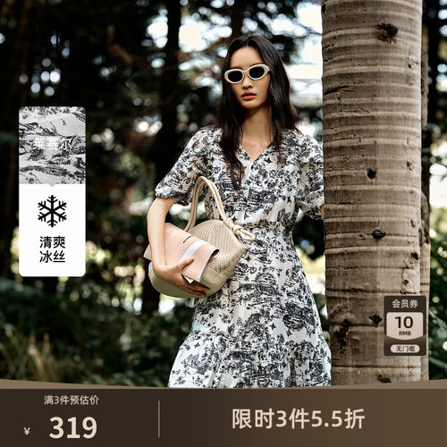 XG雪歌薄款短袖V领印花连衣裙2025夏季新款花版莱赛尔中长裙女装