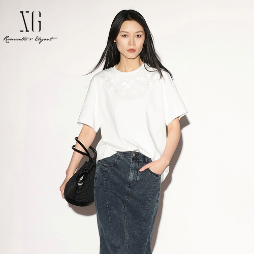 【单件立减】XG雪歌白色纯棉短袖T恤2026夏季新款 钉珠薄上衣女装