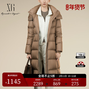 XG雪歌中长款咖色鹅绒羽绒服2025冬季新款连帽设计厚款长袖外套女