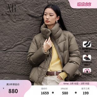 XG雪歌军绿色短款鹅绒羽绒服2025冬季新款厚款长袖面包服外套女装