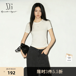 XG雪歌白色莱赛尔短袖圆领T恤 2026夏季新款修身短款薄款通勤女装