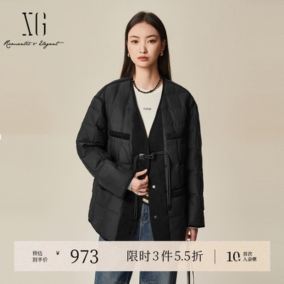 XG雪歌中长款黑色鹅绒羽绒服2025冬季新款厚款通勤长袖保暖外套女