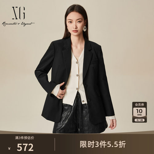 XG雪歌黑色通勤长袖休闲西装2025春季新款翻领羊毛混纺西装外套女