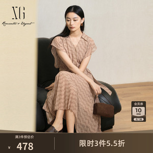 XG雪歌中长款短袖衬衫连衣裙2025夏季新款满版印花设计百褶裙女装