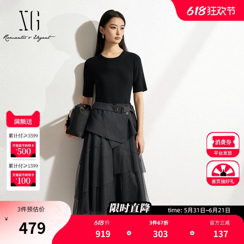 XG雪歌假两件设计短袖连衣裙2025春季新款深灰色圆领网纱中长裙女