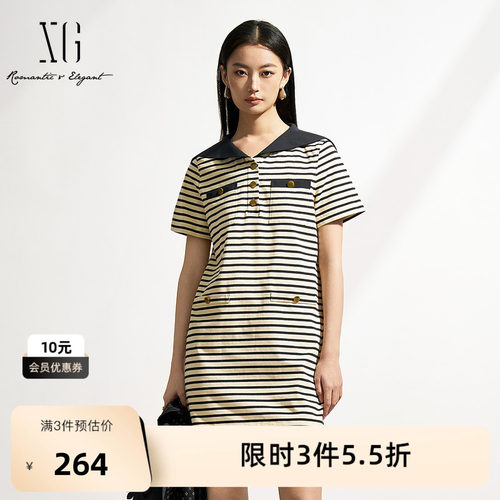 XG雪歌棉感海军风直筒连衣裙2026春季新款 大翻领减龄条纹T恤裙女