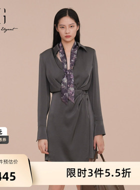 XG雪歌深灰色褶皱设计连衣裙2025春季新款中长款翻领长袖衬衫裙女