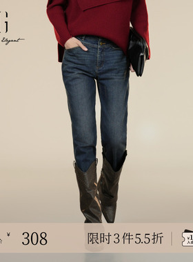 XG雪歌做旧设计蓝色水洗牛仔裤2025冬季新款微弹设计直筒长裤女装