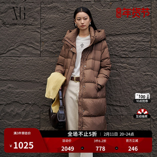 XG雪歌深咖色长款鹅绒羽绒服2025冬季新款通勤加厚长袖保暖外套女